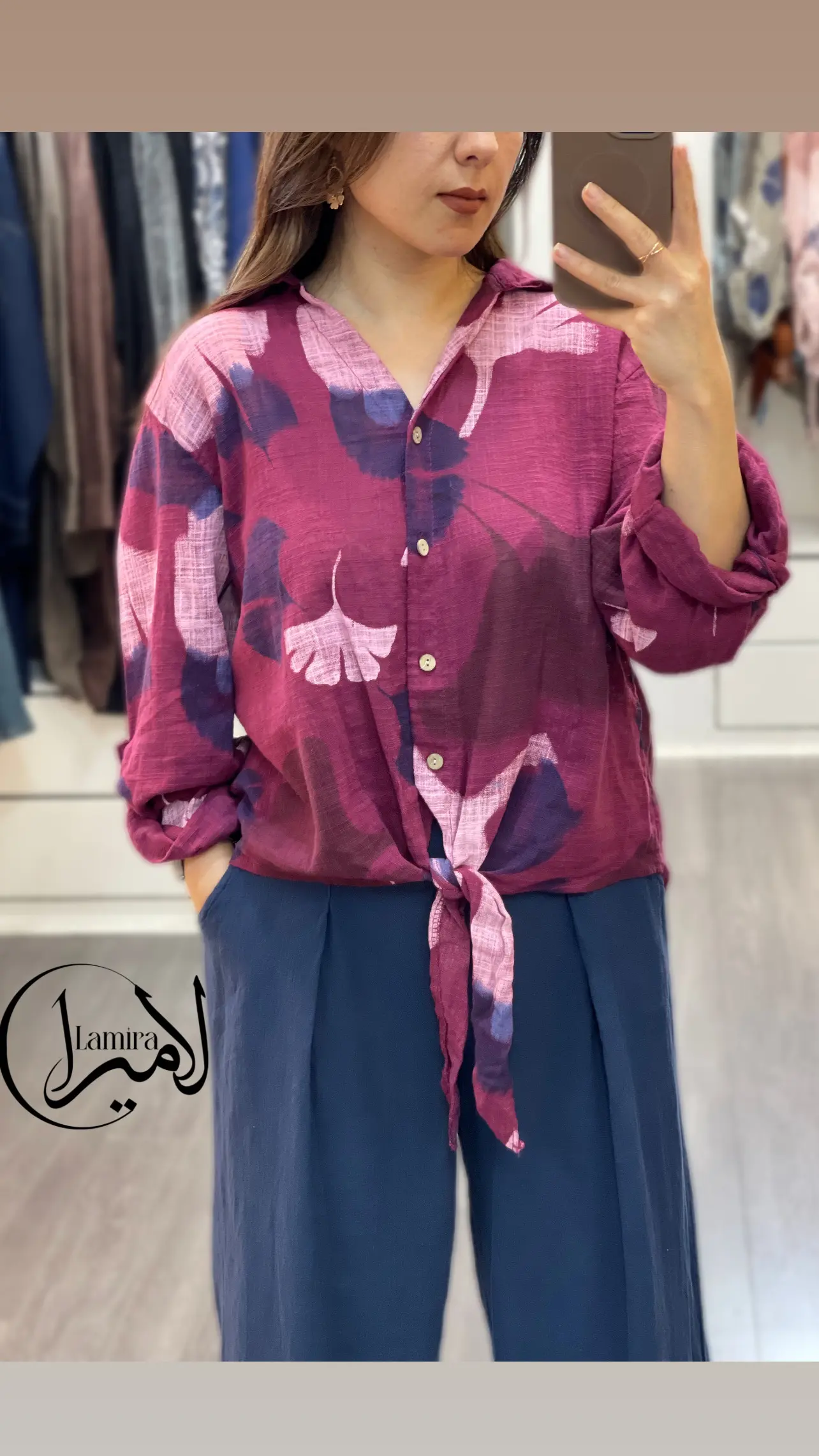 شومیز لینن ایتالیایی جلو گره ای ❌طرح موج